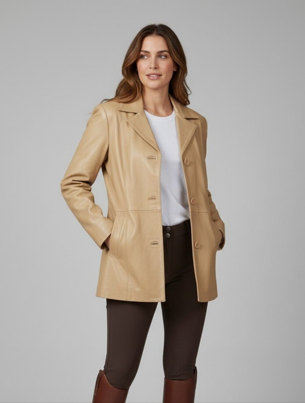 Y2K Leather Beige Light Tan Button-Front Women's Jacket